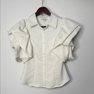 aPeach White Ruffle Puff Sleeve Button Up Blouse Size Small
